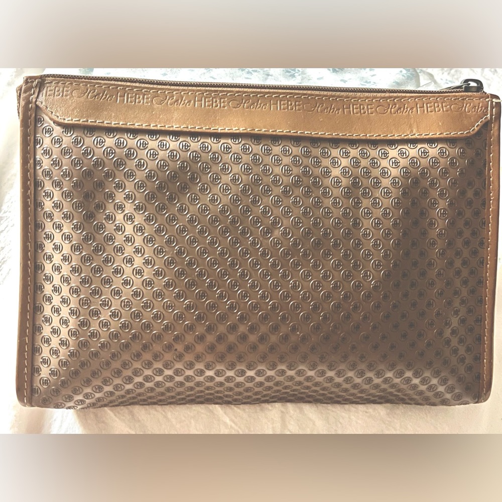 Hebe authentic monogram embossed combination pvc/ leather cosmetic zip pouch